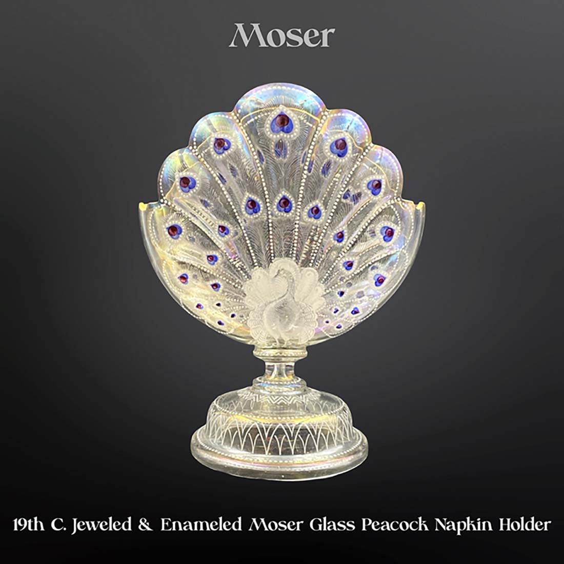 19th C. Moser Jeweled & Enameled Glass Crystal Figural Peacock Napkin Holder (1 of 6)