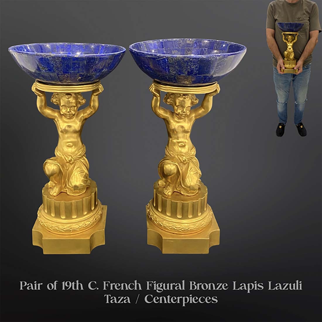 A Pair of 19th C. French Figural Bronze Lapis Lazuli Taza/Centerpieces: A Pair of 19th C. French Figural Bronze Lapis Lazuli Taza/Centerpieces. each Taza: H 14" x W 7.75"