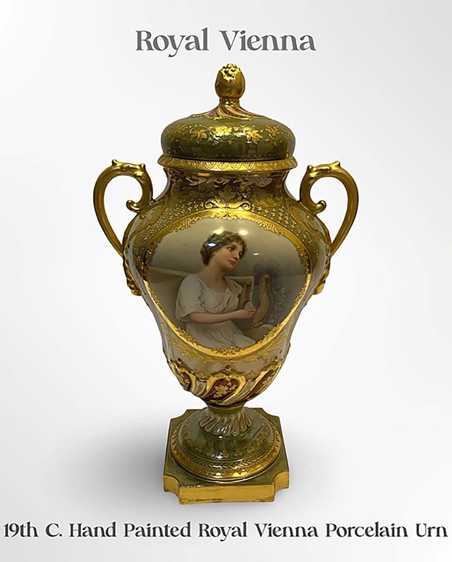 19th C. Royal Vienna Hand Painted Porcelain Lidded Urn/Vase, Signed: 19th C. Austrian Royal Vienna Hand Painted Porcelain Lidded Urn/Vase, Hallmarked. H 15.5" x L 9.5" x W 7.6"