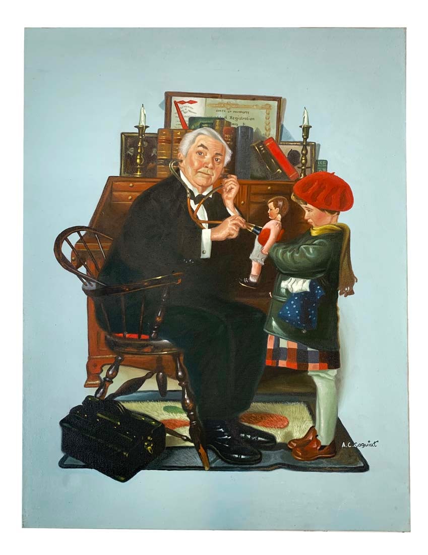 After Norman Rockwell Oil on Canvas Painting, Signed by CAGUIAT (1 of 6)