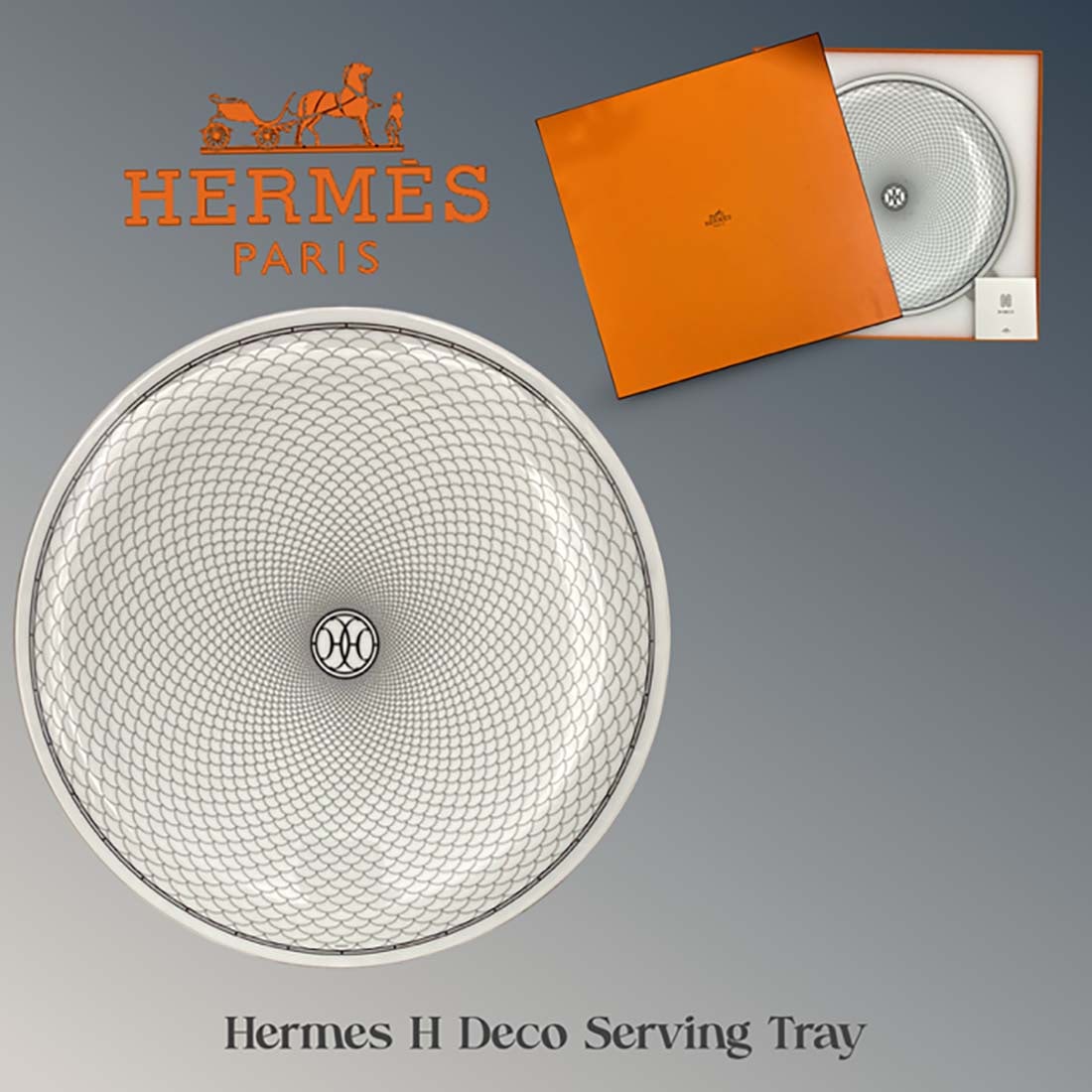 A French Hermes H Deco Serving Tray, Signed: A French Hermes H Deco Porcelain Serving Tray , Hallmarked, Paperwork, Boxed. each Plates: D 12.6"