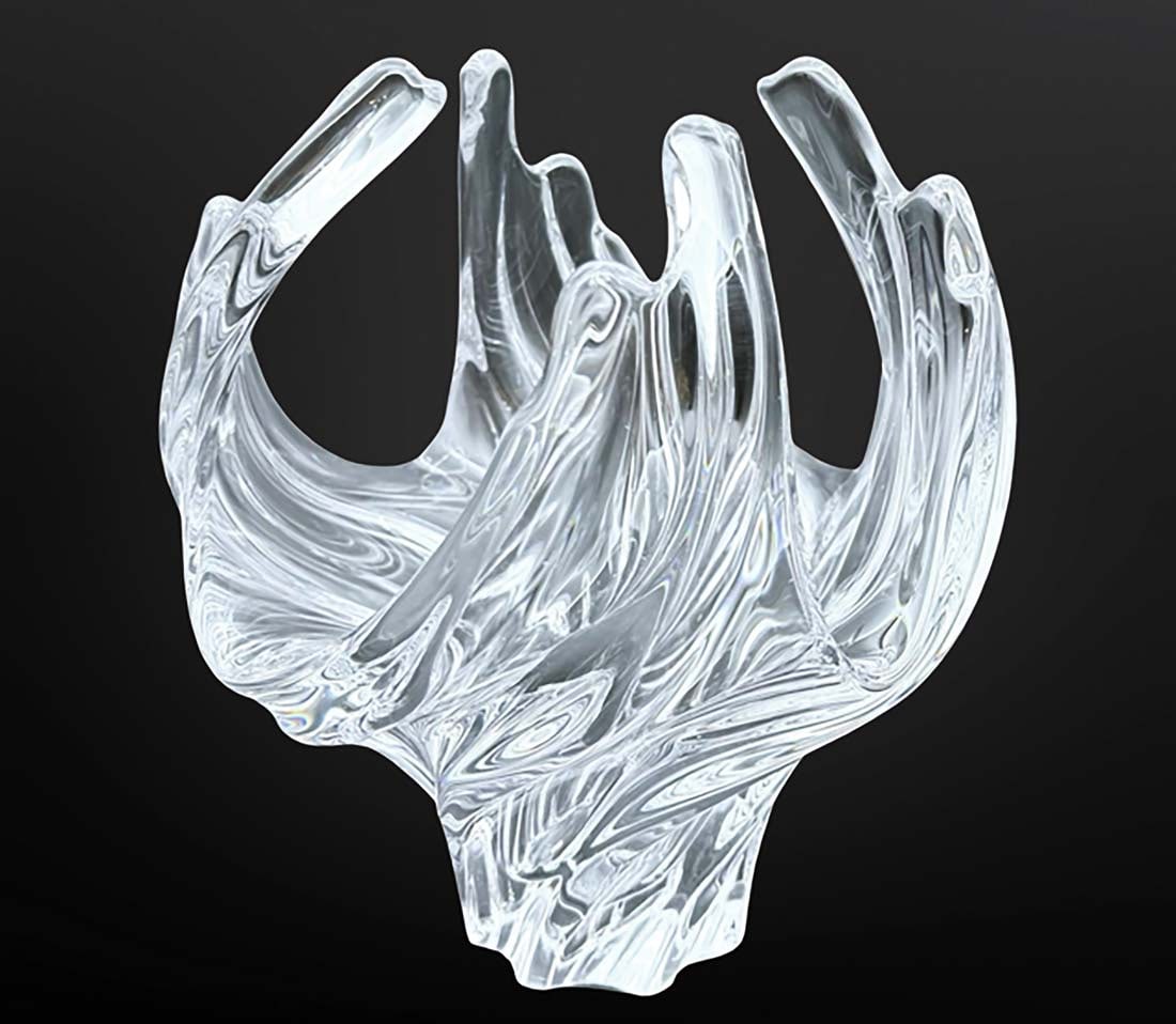 A Mid-Century COFRAC Art Vannes Modern Abstract Crystal Winged Wave Centerpiece/Bowl: A Vintage Mid-Century French COFRAC Art Vannes Modern Abstract Crystal Winged Wave Centerpiece/Bowl Sculpture, Hallmarked. H 9.5" x L 8". This exquisite piece is a vintage Mid-Century Modern art glass