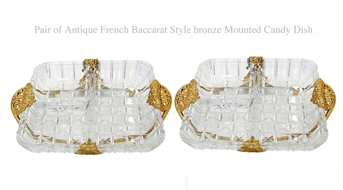 A Pair of French Baccarat Style Bronze Candy Dishes: A Pair of French Baccarat Style Bronze mounted Candy Dishes. 9" x 7.5" X H 1.5"