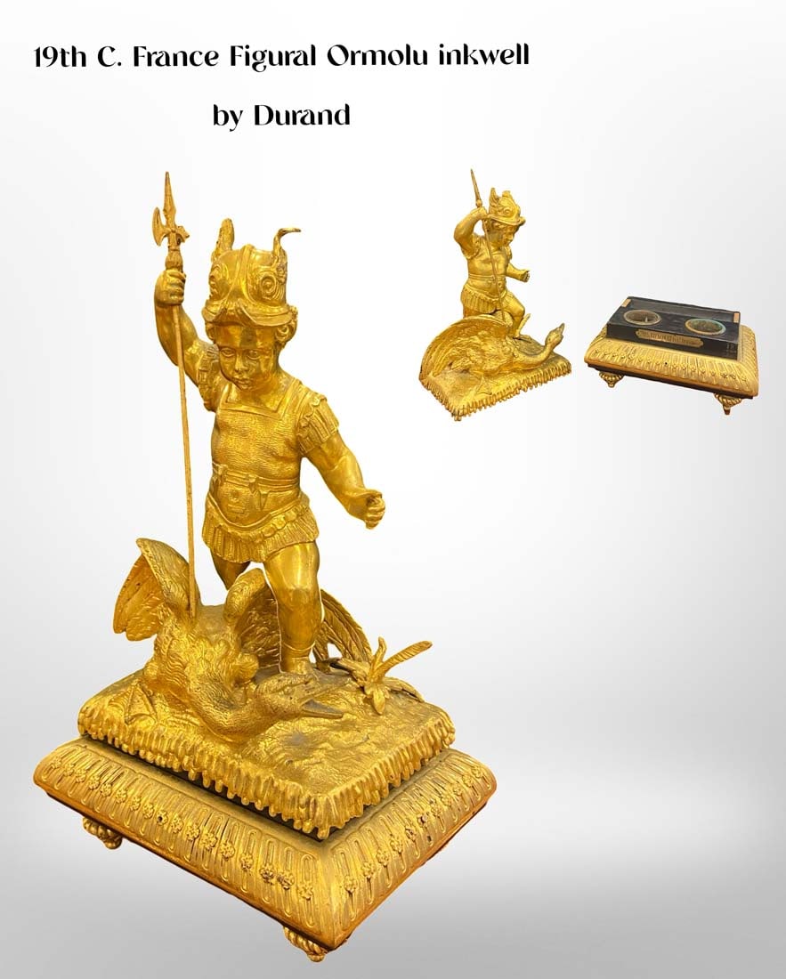 19th C. French Figural Bronze Inkwell, Durand Signed: 19th C. French Figural Ormolu Inkwell By Durand. Signed. H 10.75" x L 6" x W 4.75"