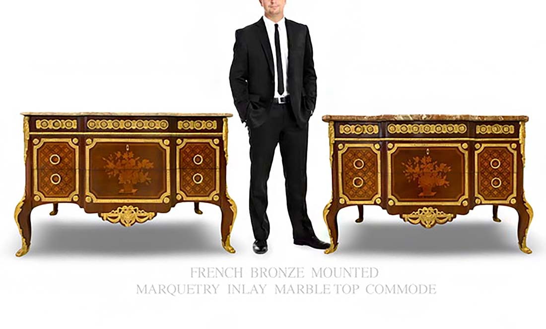 A Pair of Bronze Mounted Marquetry Inlaid Marble Top Commodes/Cabinets: A Pair of French Bronze Mounted Marquetry Inlaid Marble Top Commodes/Cabinets. H 33.75" x L 52" x W 21.25"