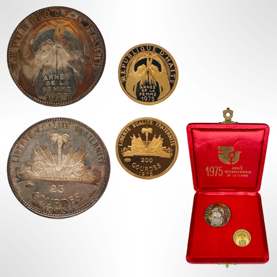 Rare 1975 Haiti Commemorating International Women?s Year Silver & Gold Proof Set, Boxed: Rare 1975 Haiti Commemorating International Women?s Year Silver and Gold Proof Set in Original Presentation Case. Box Measurements: H 0.75" x L 3.1" x W 3.1". About the item: A Rare 1975 Haiti Interna