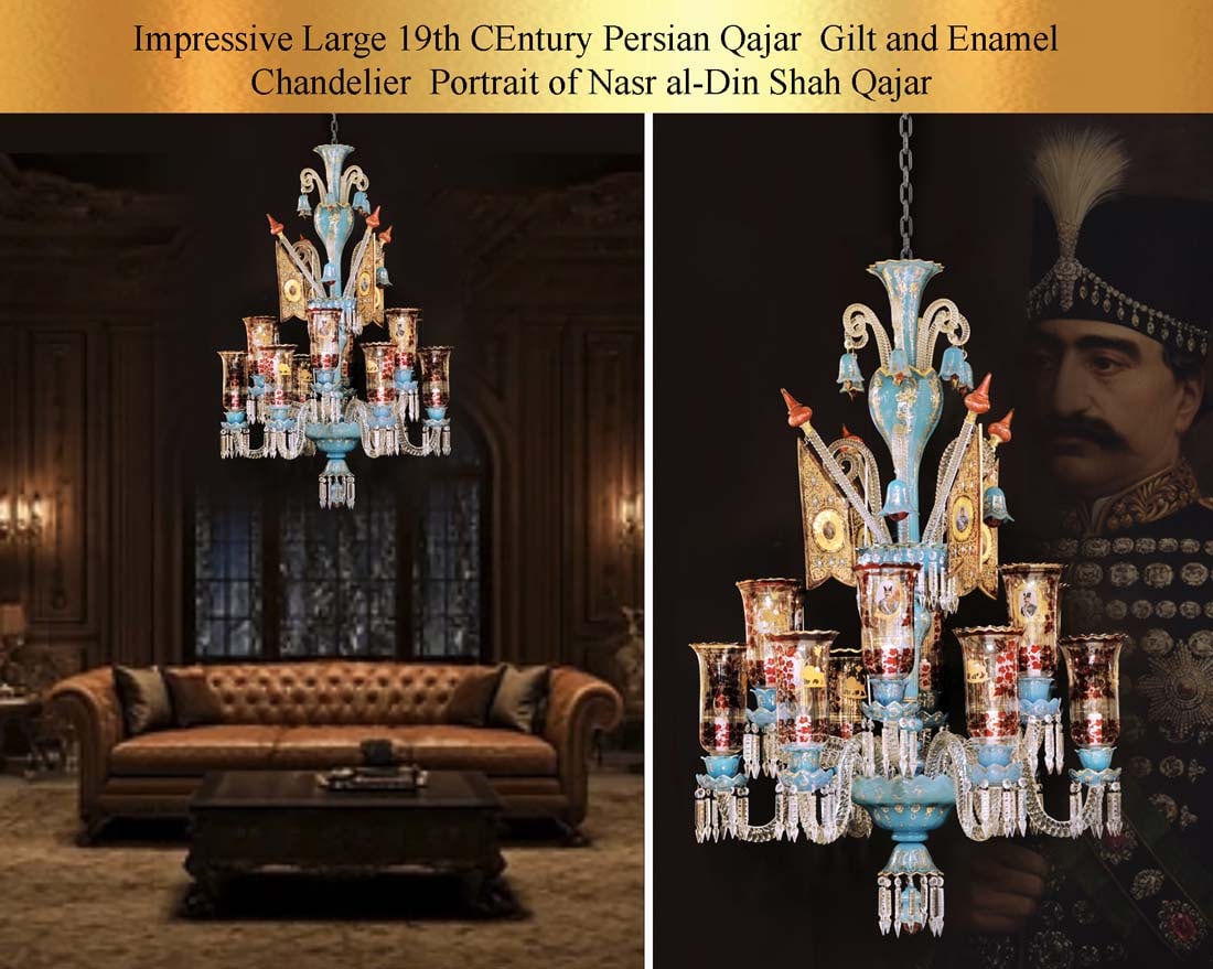 An Impressive Large 19th C. Persian Qajar Era Bohemian Gilt Enamel Art Glass Crystal Chandelier: An Impressive Large 19th Century Iran Persian Kingdom of Qajar Era Bohemian Gilt and Enamel Art Glass Crystal Chandelier with Portrait of Nasr al-Din Shah Oajar. H 56"