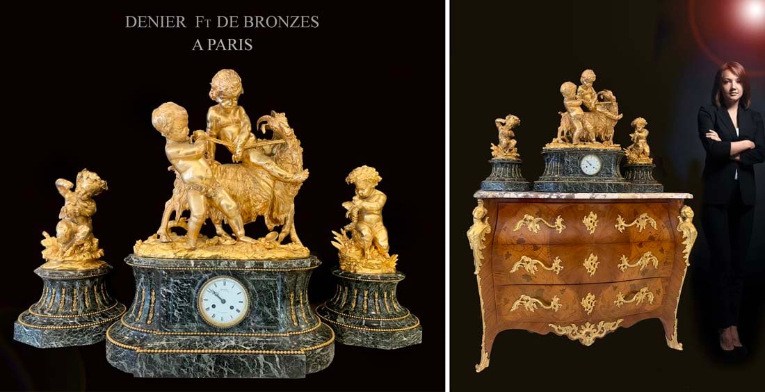 Monumental 19th C. French Marble & Gilt Bronze Figural Group Clock Set, Denier Signed: Monumental 19th Century French Marble & Gilt Bronze Goat Figural Group Clock Set, signed by Denier. Note: The base (cabinet) is NOT included! Clock: H 28" x 22" x 11", Figurines: H 19" x 11.5" x 11.5"