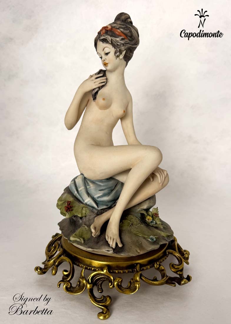 Seated Nude Girl, A Capodimonte Hand Painted Brass Base Statue, Barbetta Signed: Seated Nude Girl, Very Rare Italian Capodimonte Hand Painted Porcelain Figurine on brass base. Hallmarked, Barbetta Signed. Total size: H 11.50" x D 7"