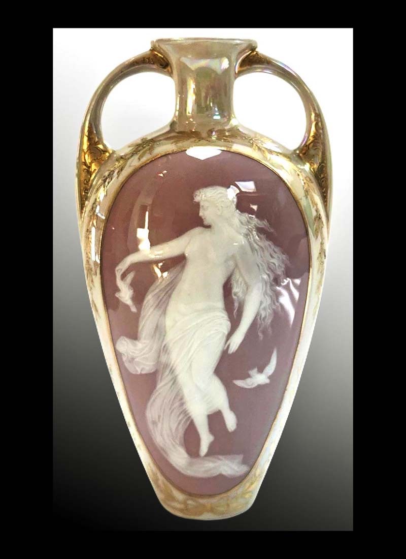 An Art Nouveau German Pate-Sur-Pate Porcelain Vase: An Art Nouveau German Pate-Sur-Pate Lavender Luster Pink Porcelain Vase, Hallmarked. H 7"