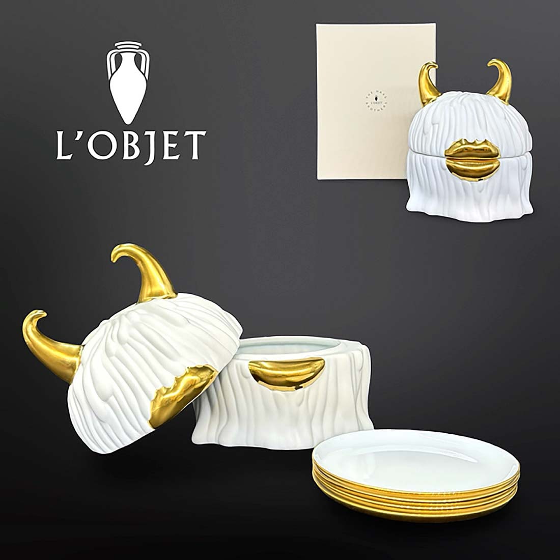 L'OBJET Haas Lynda White/Gold Porcelain Box & Set of 4 Plates, Hallmarked: L'OBJET Haas Lynda White/Gold Porcelain Box & Set of 4 Plates, Hallmarked & Original Boxed. H 7" x L 5.5"