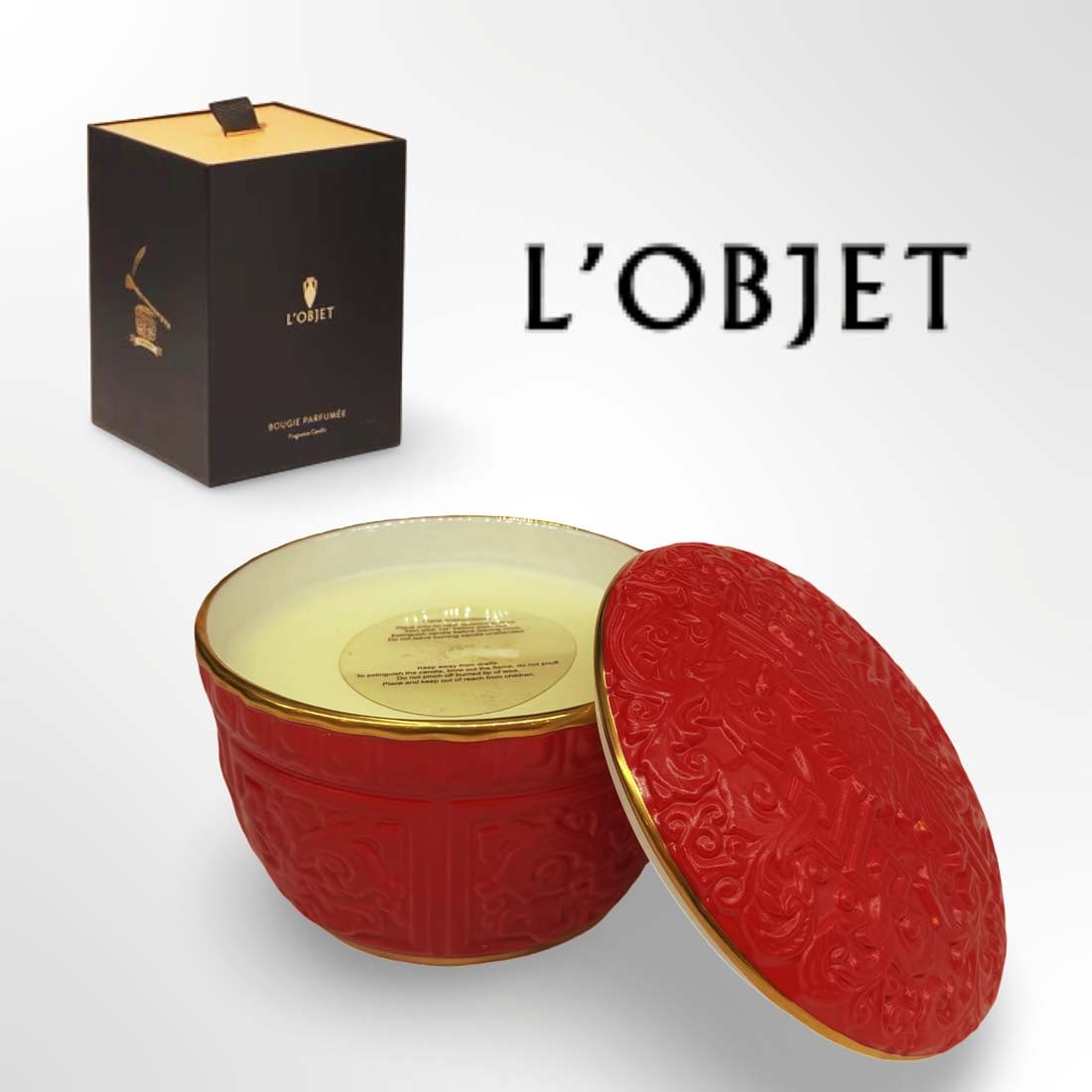 L'OBJET Luxury Cinnabar Scented Candle in Porcelain lidded Bowl, W/ Original Box: L'OBJET Luxury Cinnabar Scented Candle in Porcelain lidded Bowl, Original Boxed. Candle: H 3.75" x W 4.1", Box: H 7.25" x L 5.1" x W 5.1"