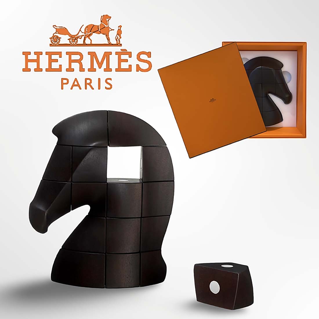 A Hermes Hand-Sculpted Solid Ebonized Mahogany Brainteaser Sculpture, Boxed (1 of 5)