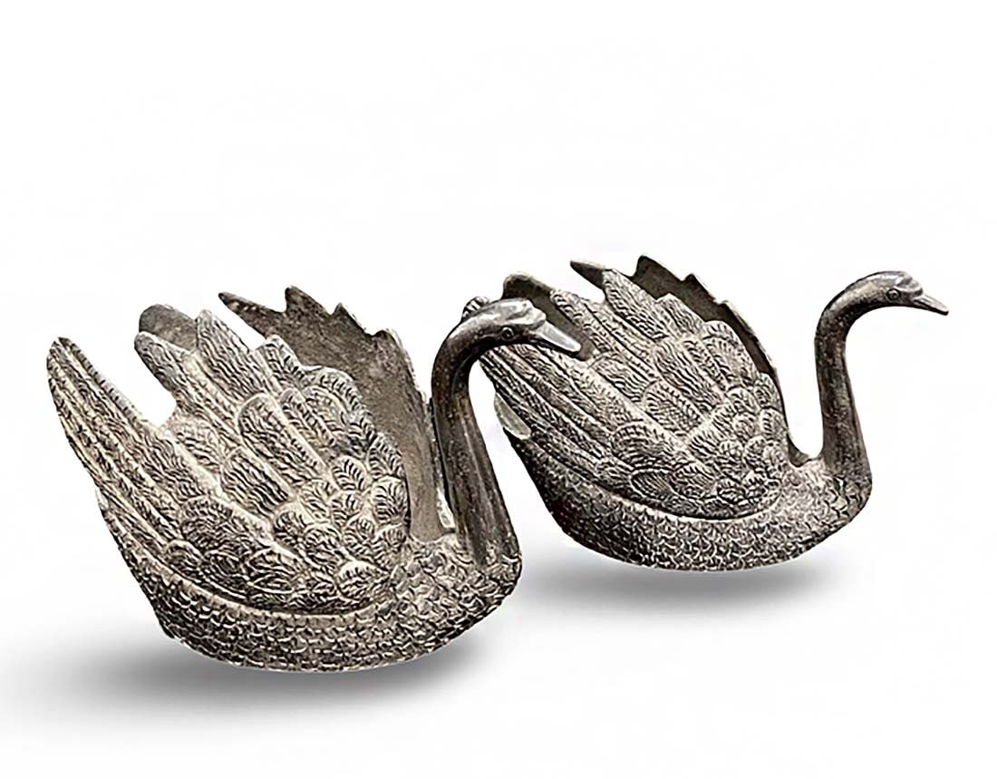 A Pair of Persian Isfahan Silver 84 Swans, Signed: A Pair of Persian (Iran) Isfahan Silver 84 Swans, Signed by Khaledam. Total weight: 453 grams. H 2.75" x L 4.25" x W 2.25"