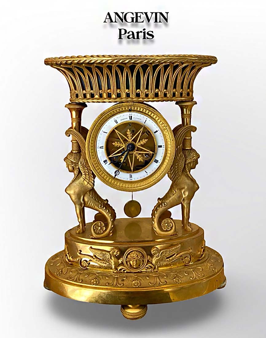 Early 19th C. French Figural Bronze Empire Clock, Hallmarked: Early 19th C. French Figural Ormolu Empire Clock, Signed by ANGEVIN Paris. H 12" x L 10" x W 6"