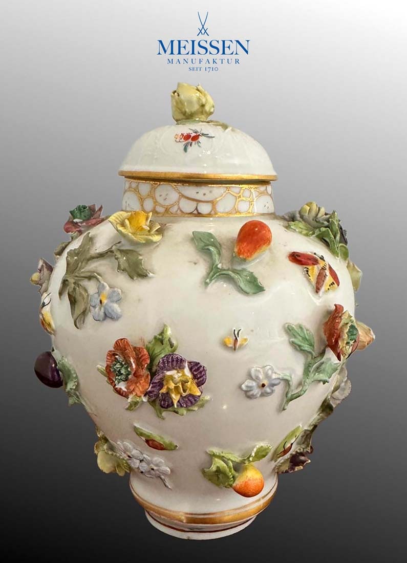 19th C. German Meissen Hand Painted Porcelain Lidded Vase/Urn, Hallmarked: 19th C. German Meissen Hand Painted Porcelain Lidded Vase/Urn, Hallmarked. H 8"