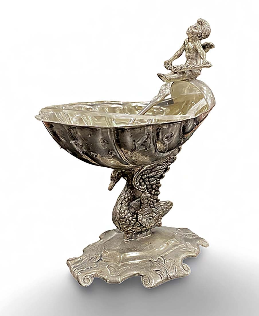 19th C. German Crystal Mounted Figural Silver Miniature Taza: 19th Century German Crystal Mounted Figural Silver Miniature Taza/Candy Bowl. H 4.75" x L 3.1" x W 2.5"