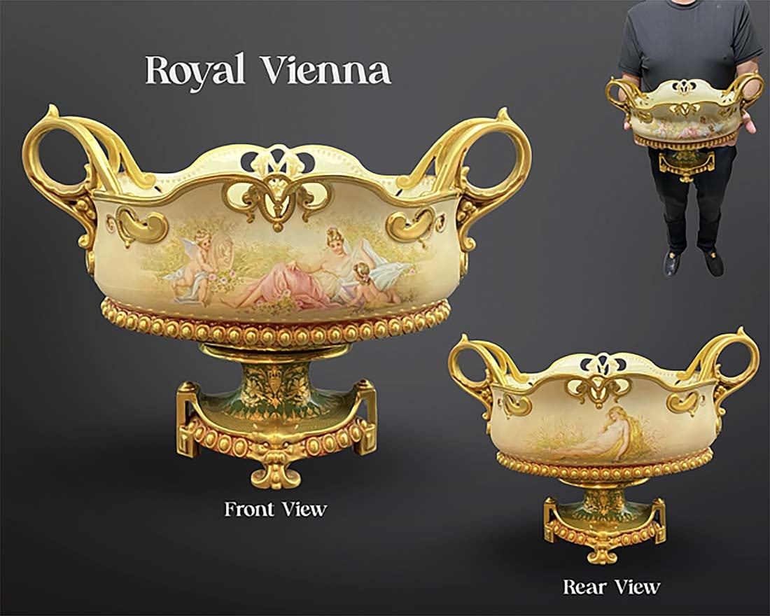 19th C. Austrian Royal Vienna Hand Painted Porcelain Centerpiece, Signed: 19th C. Austrian Royal Vienna Hand Painted Porcelain Centerpiece, Signed. H 11" x L 15.3" x W 7"
