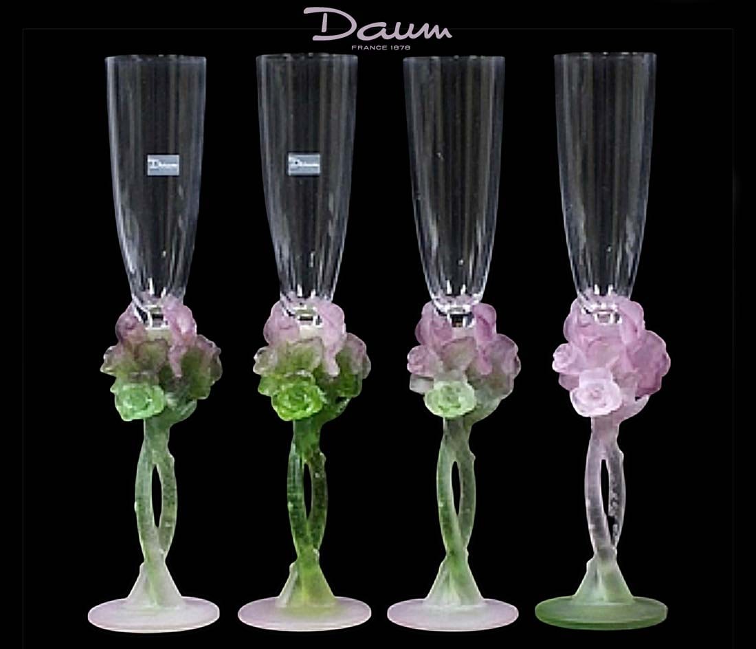 A Set of Four DAUM Pate De Verre Roses Art Glass Crystal Champagne Flutes, Signed (1 of 9)