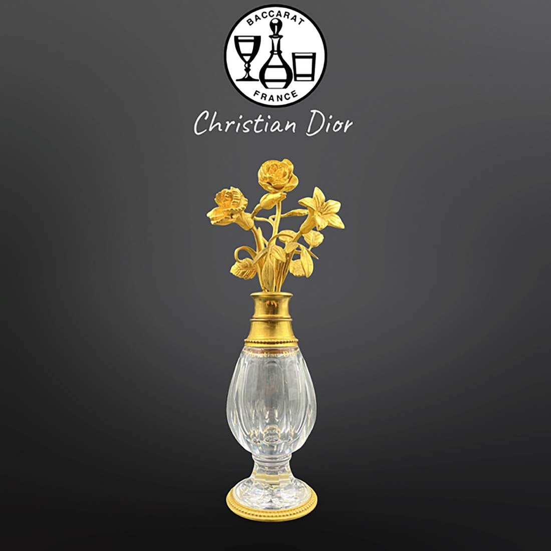 A Pair of 19th C. Baccarat & Christian Dior Crystal Bronze Perfume Bottles: A Pair of 19th Century French Baccarat & Christian Dior Crystal Bronze Mounted Perfume Bottles. H 9.25" x L 3.25" x W 2.5"