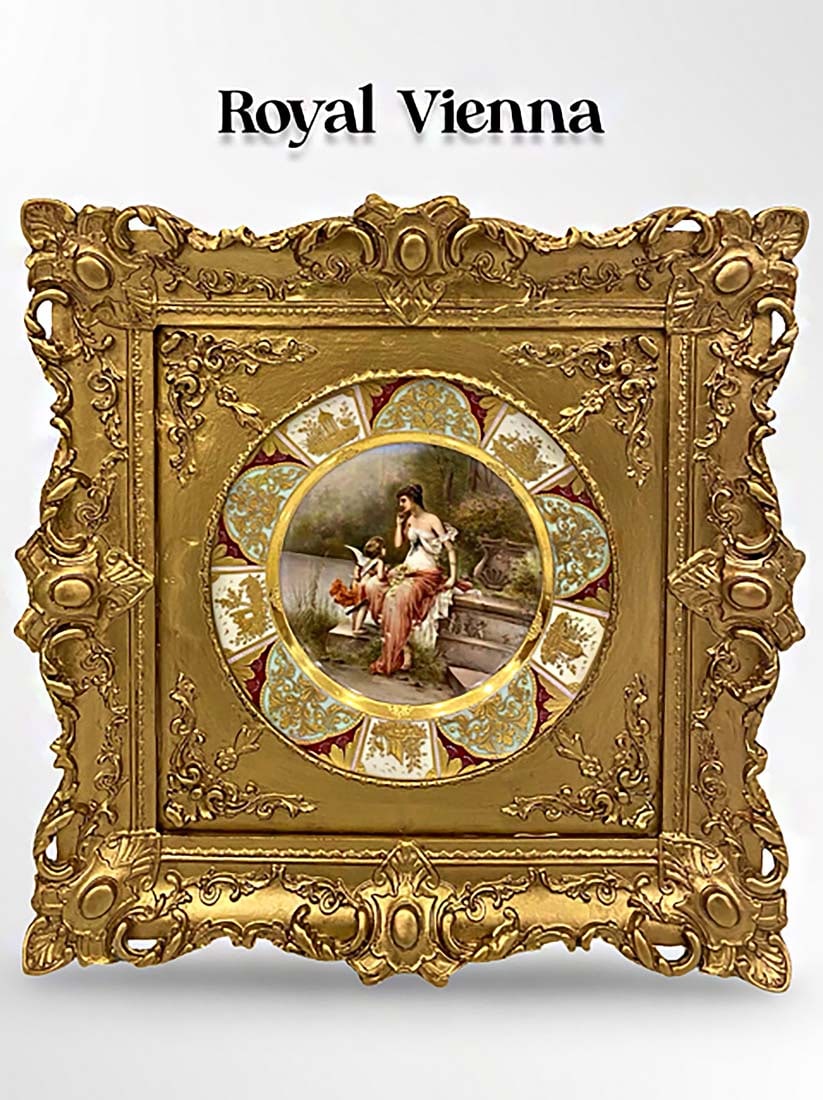 19th C. Royal Vienna Hand Painted Framed Plate, Signed & Hallmarked: 19th C. Austrian Royal Vienna Hand Painted Porcelain Decorative Wall Plate, Hallmarked, Framed, Signed by Artist. H 16.5" x L 16.5"