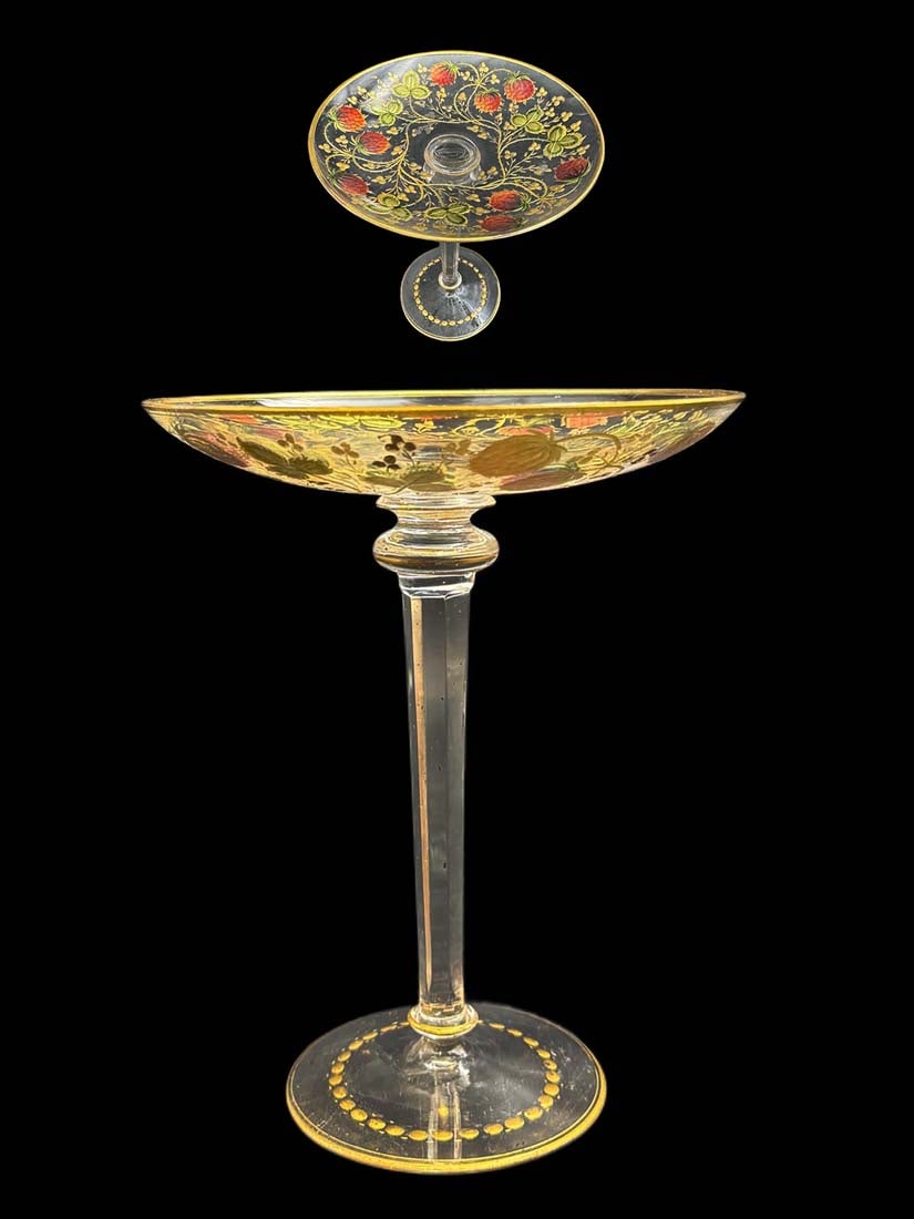 A Vintage Bohemian Moser Blown Engraved Enameled Crystal Tazza: A Vintage Bohemian Moser Blown Engraved Enameled Crystal Tazza. H 8.5" x 7.75"