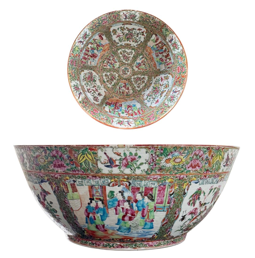 19th Century Chinese Export Rose Medallion Punch Bowl: 19th Century Chinese Export Rose Medallion Punch Bowl. H 6.5" x D 14"