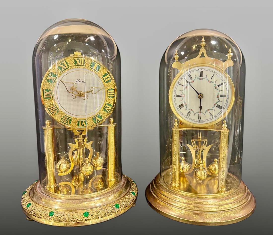 A Set of Two Vintage German Decorative Stand Clocks: A Set of Two Vintage German Decorative Stand Clocks. H 13" & H 12"