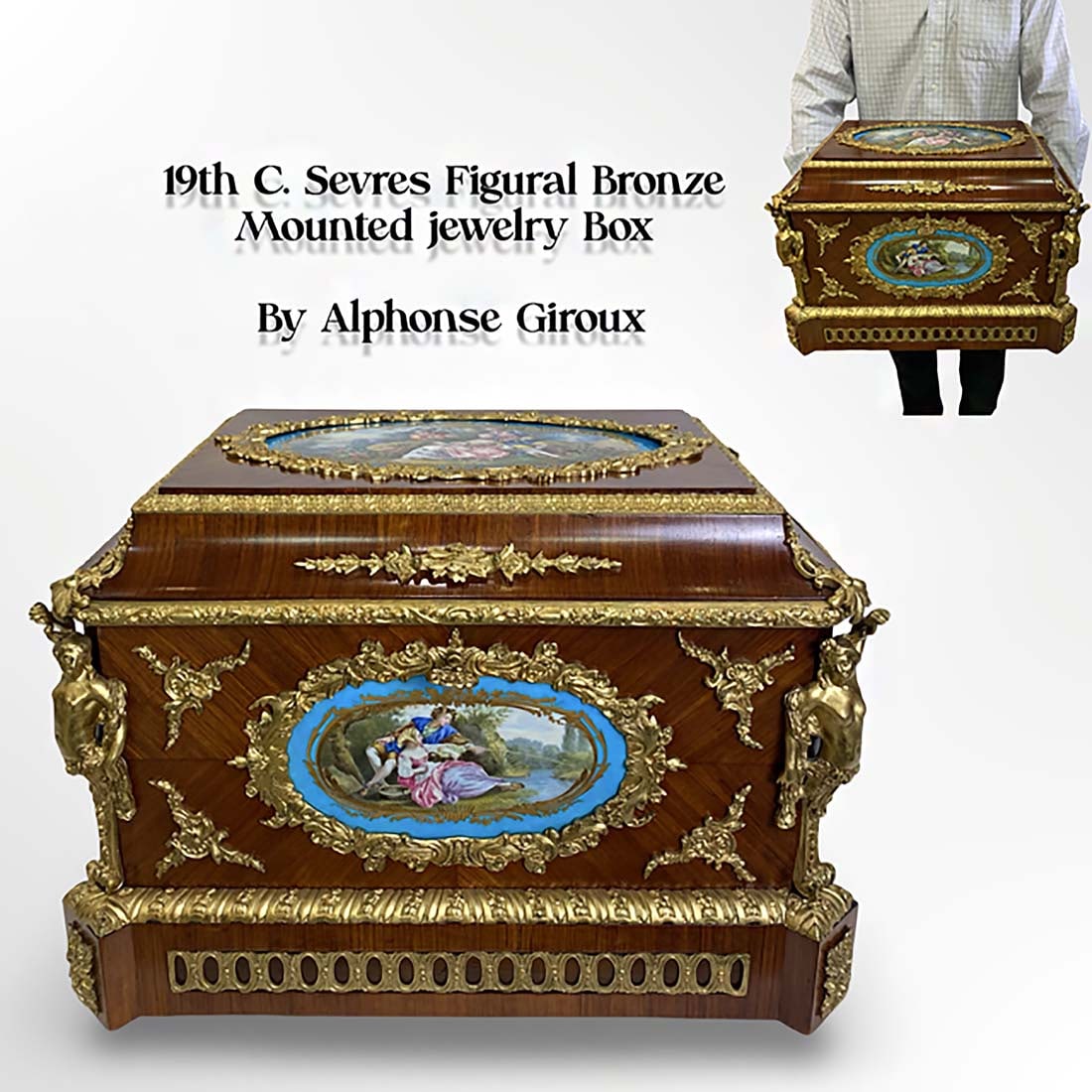 Very Large 19th C. Sevres Plaques Figural Bronze Jewelry Box, A. Giroux Signed: Very Large 19th C. French Sevres Hand Painted Porcelain Plaques Figural Bronze Mounted Jewelry Box by Alphonse Giroux, Hallmarked. H 13.5" x L 19.5" x W 14.75"