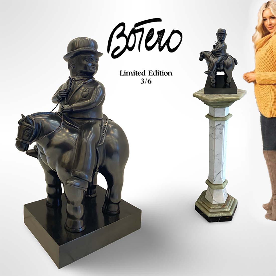 A Limited Edition Botero Pedrito on Horse Bronze Statue, Signed: A Fernando Botero Pedrito on Horse Bronze Sculpture, Signed, Limited Edition 3/6, Hallmarked. H 19.75" x L 13.35" x W 10.25". Note: The pedestal is NOT included!