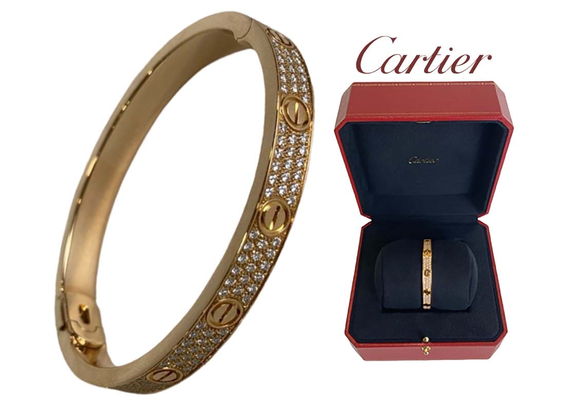 A Cartier LOVE 18K Rose Gold & Brilliant-Cut Diamonds Bracelet: A French Cartier LOVE bracelet, 18K rose gold with 204 brilliant-cut diamonds totaling 1.99 carats. size 17. Width: 6.7 mm. Thickness: 3 mm. Cartier Original Retail Price $48,300