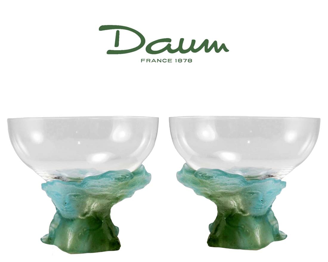 A Pair of DAUM Bacchus Couplle Pate De Verre Art Glass Crystal Goblet/Bowls, Signed (1 of 8)