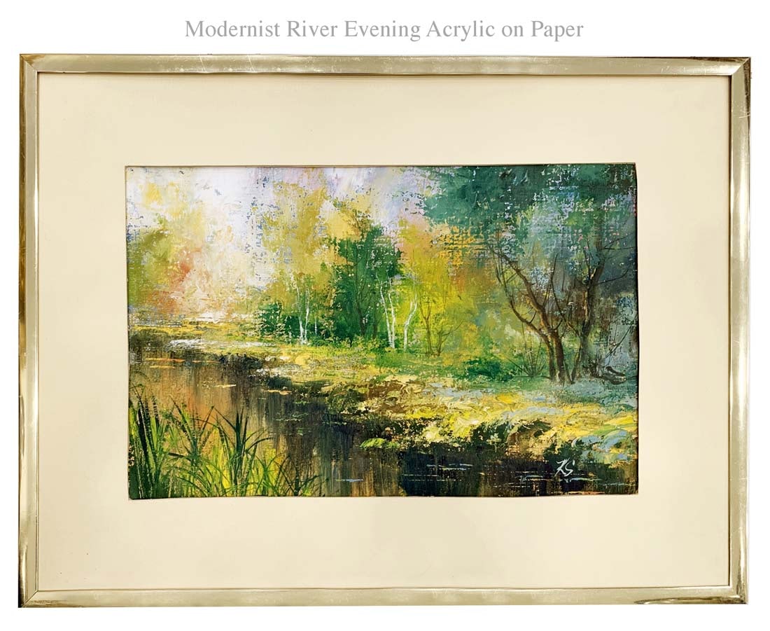 River Evening, A Modernist Acrylic on Paper Painting, Artist Signed (1 of 3)