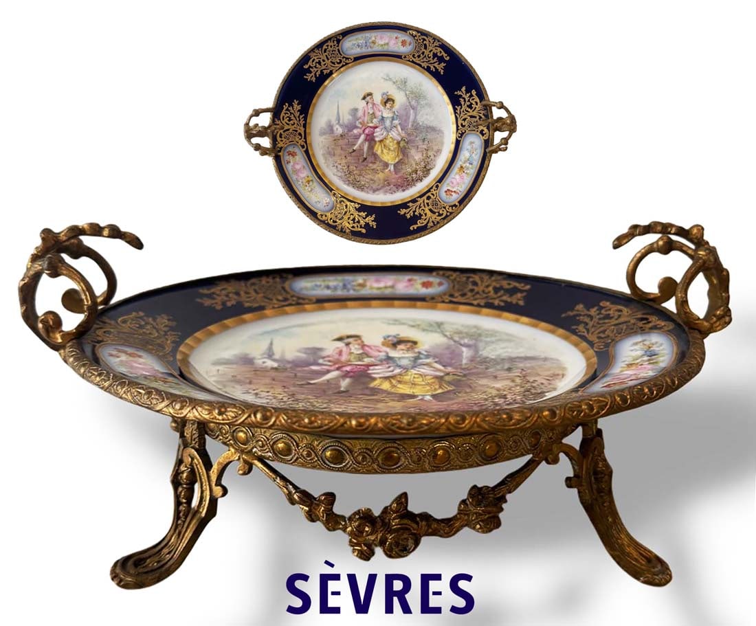 19th C. French Sevres Hand Painted Cobalt Porcelain Bronze Centerpiece/Tray: 19th Century French Sevres Hand Painted Cobalt Porcelain Ormolu Centerpiece/Tray, H 3.5" x L 11"