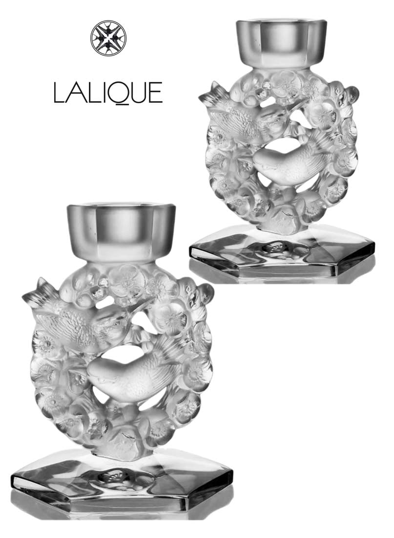 A Pair of Lalique Mesanges Bird & Floral Frosted Crystal Candleholders, Signed: A Pair of French Lalique Mesanges Bird & Floral Frosted Crystal Candleholders, Signed. 6.5" x 5"