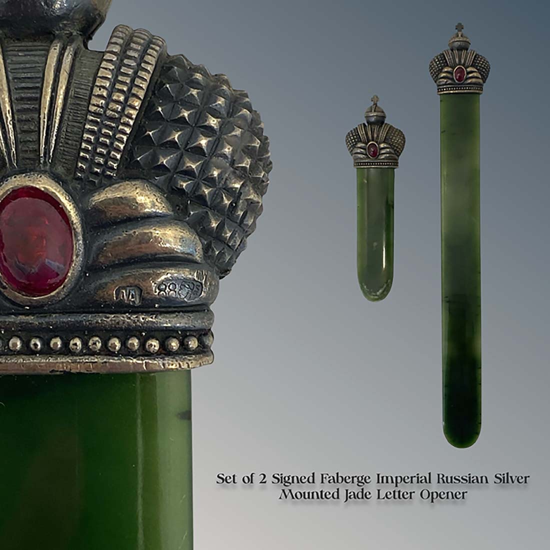 A Set of Two Russian Imperial Faberge Silver & Jade Letter Opener, Signed: A Set of Two Russian Imperial Faberge Silver Mounted Jade Letter Opener, Signed. L 10.5" x W 1.5" x L 5" x W 1.5"