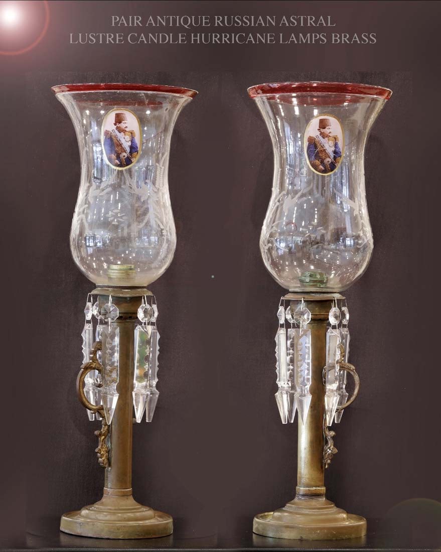 A Pair of 19th C. Persian Qajar Era, Russian Brass & Glass Candle Luster Lamps (1 of 6)