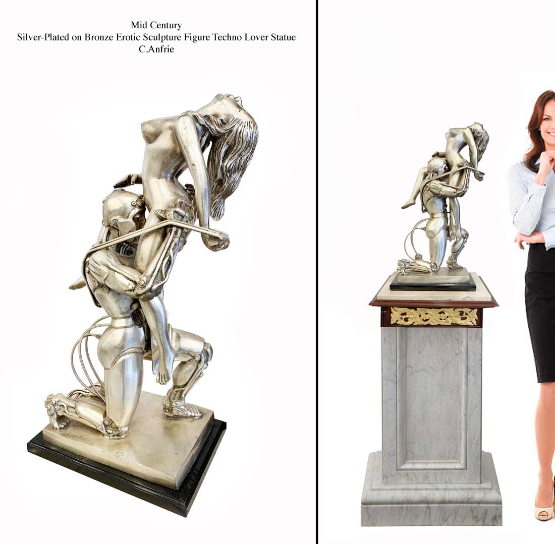 Techno Lover, A 20th Mid Century Silver-Plated Bronze Erotic Sculpture, Signed: Techno Lover, A 20th Mid Century Silver-Plated Bronze Erotic Figurine Group Statue, Signed by C. Anfrie. H 22", Note: The pedestal is NOT included!