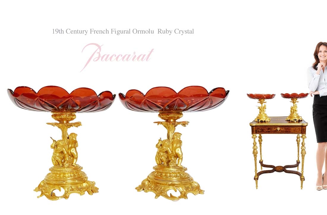 A Pair of 19th C. Baccarat Ruby Crystal Bronze Figural Taza/Candy Dish: A Pair of 19th C. French Baccarat Ruby Crystal Ormolu Figural Taza/Candy Dish. Note: The base is NOT included. H 11.87" x L 12"