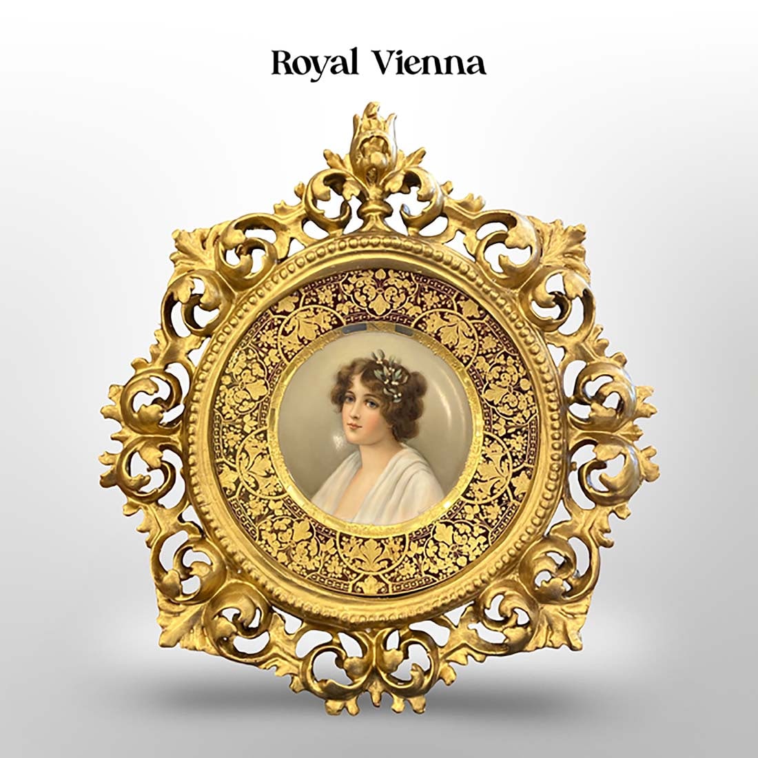 19th C. Rococo Framed Royal Vienna Hand Painted Plate, Wagner Signed: 19th C. Austrian Royal Vienna Hand Painted Porcelain Decorative Wall Plate W/ Rococo Style Frame, Signed by Wagner. Hallmarked. Diameter: 17.5"