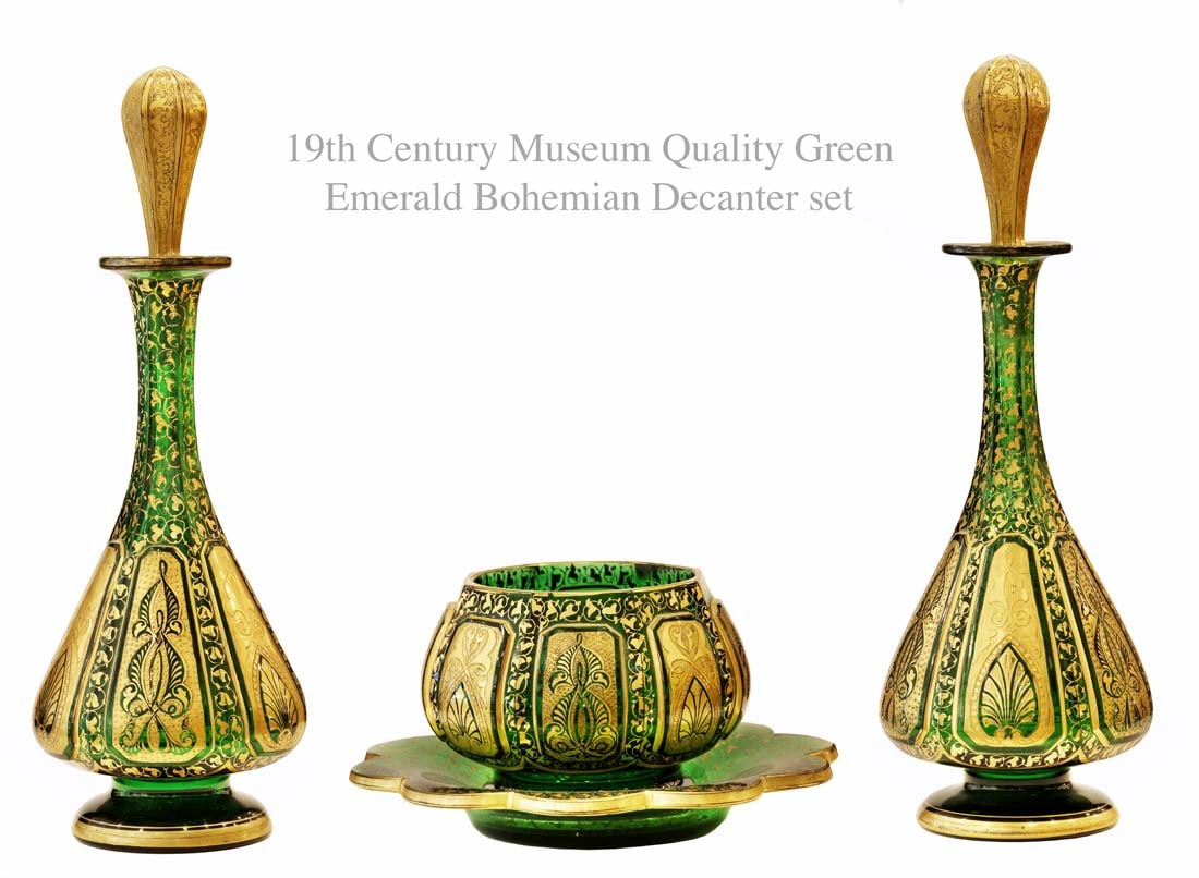 19th Century Bohemian Emerald Green Glass Decanter Set: 19th Century Bohemian Emerald Green Glass Decanter Set. H 10"