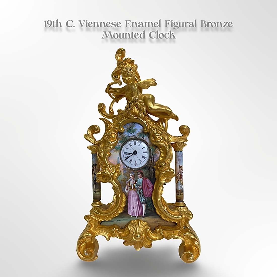 19th C. Austrian Viennese Enamel Bronze Figural Clock: 19th C. Austrian Viennese Enamel Bronze Figural Clock. H 5.75" x L 3.25" x W 1.35"