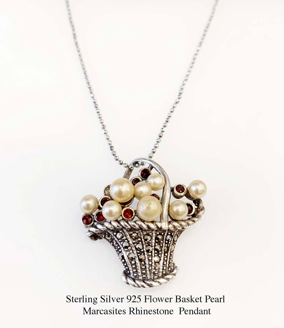 A Sterling Silver Flower Basket Pearl Marcasites Pendant (1 of 4)