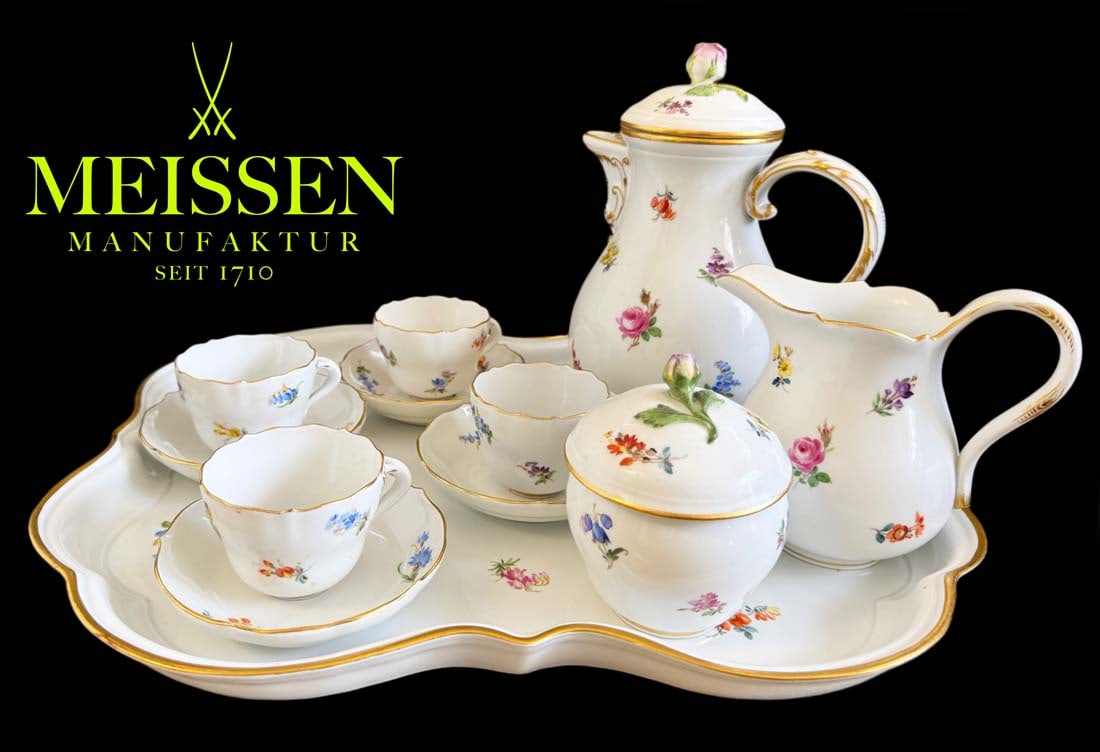 A Rare German Meissen Hand-Painted Floral Porcelain Tea Service Set, Hallmarked: A Rare German Meissen Hand-Painted Floral Porcelain Tea Service Set, Hallmarked. includes: 4 cups, 4 saucers, One tray (15" ? 12.5"), Lidded Sugar bowl, tall teapot & Milk jug (creamer).