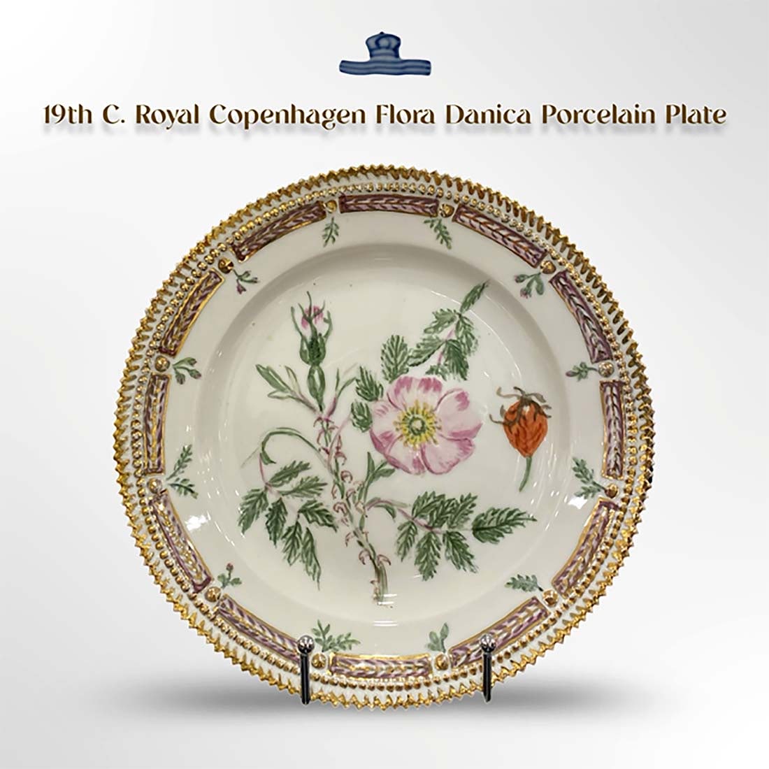 19th C. Royal Copenhagen Flora Danica Decorative Wall Plate, Signed: 19th C. Danish Royal Copenhagen Flora Danica Hand Painted Porcelain Decorative Wall Plate, Signed & Hallmarked. D 9"