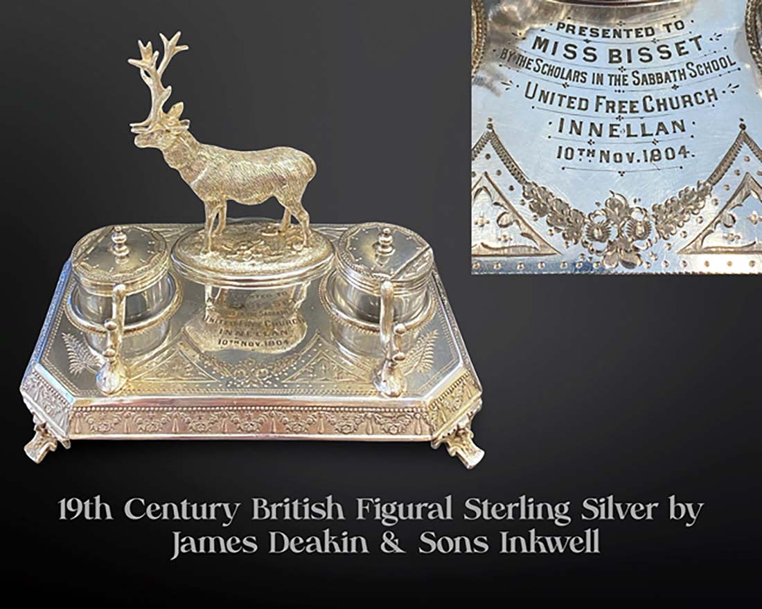 19th C. British James Deakin & Sons Sterling Silver Figural Inkwell, Signed: 19th Century British James Deakin & Sons Sterling Silver Figural Inkwell. Signed & Hallmarked. Weight: 575 Gr. H 5.75" x L 7.25" x W 5"