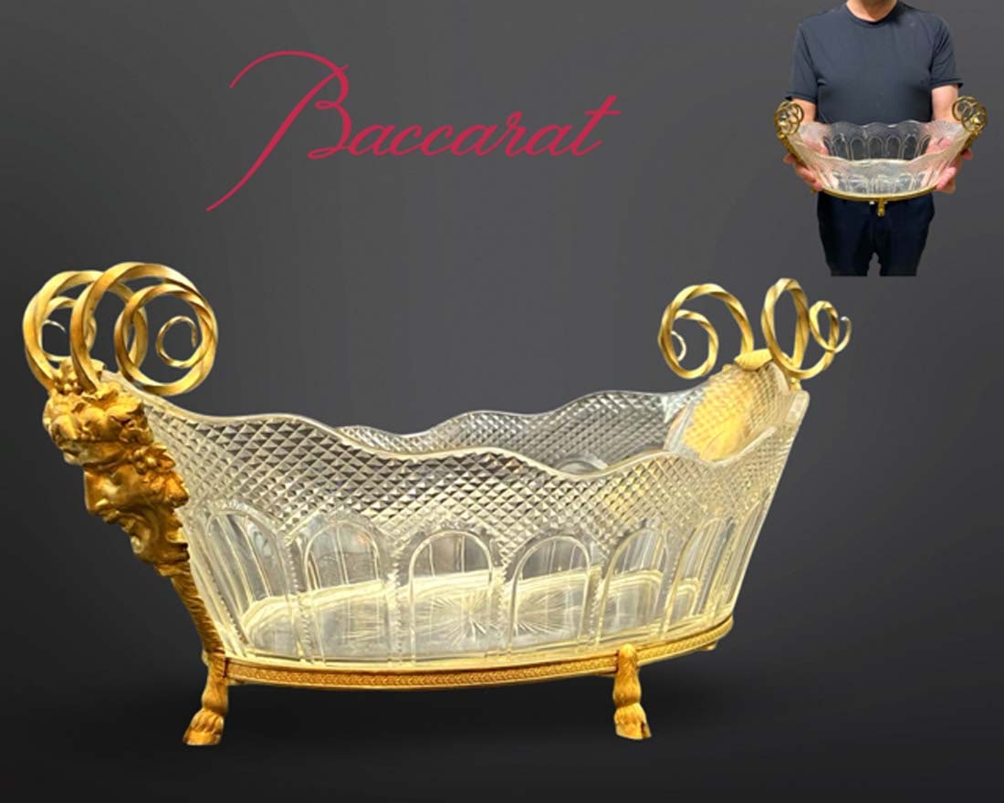 19th C. French Baccarat Crystal Figural Bronze Centerpiece: 19th C. French Baccarat Crystal Figural Bronze Centerpiece. H 7.3" x L 16.3" x W 9"