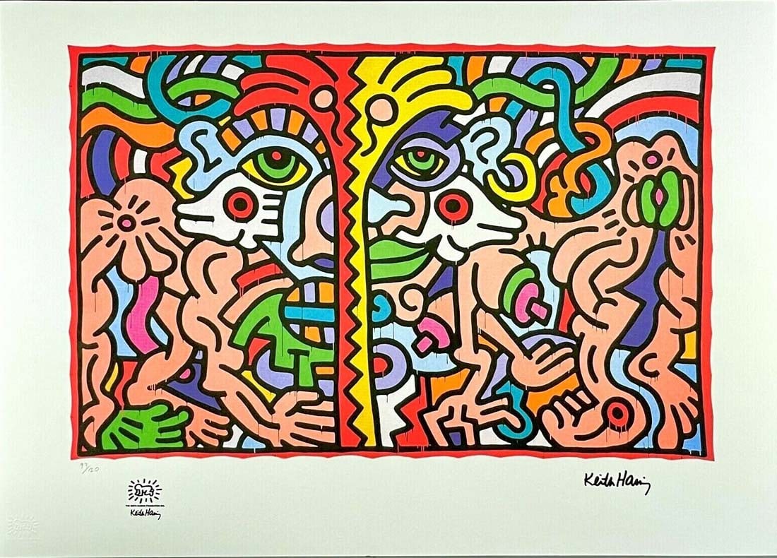 A Large After KEITH HARING Untitled Lithography Print, Numbered & Stamped: A KEITH HARING Untitled Limited Edition Lithography Print. Signed in the plate print and numbered by hand pencil. Limited Edition of 150 pieces. Each piece is individually numbered (#20/150). Overall 