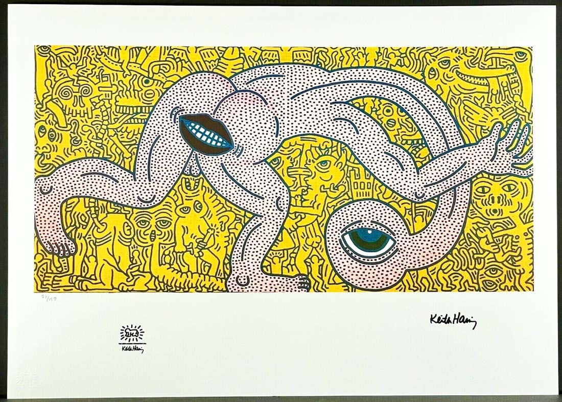 A Large After KEITH HARING Untitled Lithography Print, Numbered & Stamped: A KEITH HARING Untitled Limited Edition Lithography Print. Signed in the plate print and numbered by hand pencil. Limited Edition of 150 pieces. Each piece is individually numbered (#23/150). Overall 