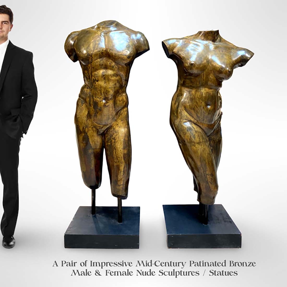 A Pair of Impressive Mid-Century Patinated Bronze Nude Male & Female Sculptures: A Pair of Impressive Mid-Century Patinated Bronze Nude Male & Female Statues. Male: H 67" x L 21", Female: H 63" x L 21"